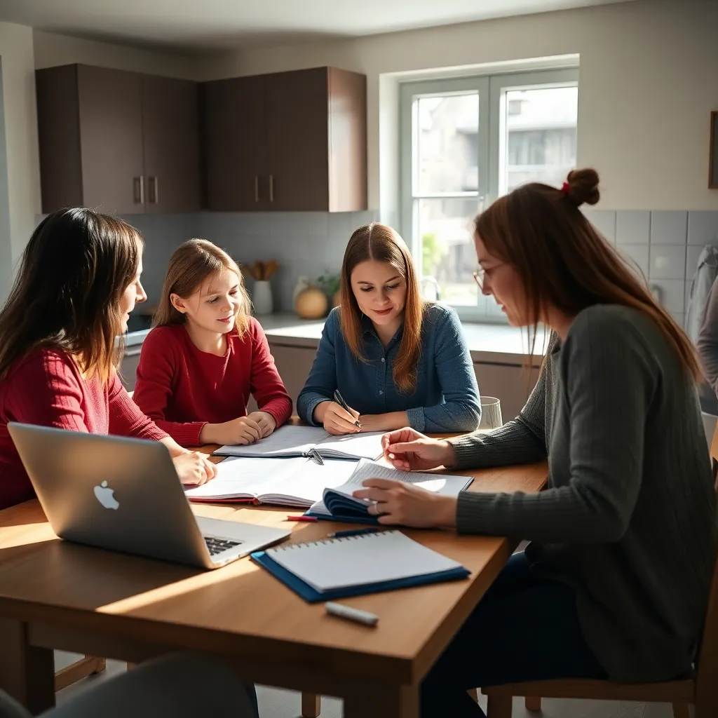 Nederlandse familie bespreekt financiële planning aan keukentafel